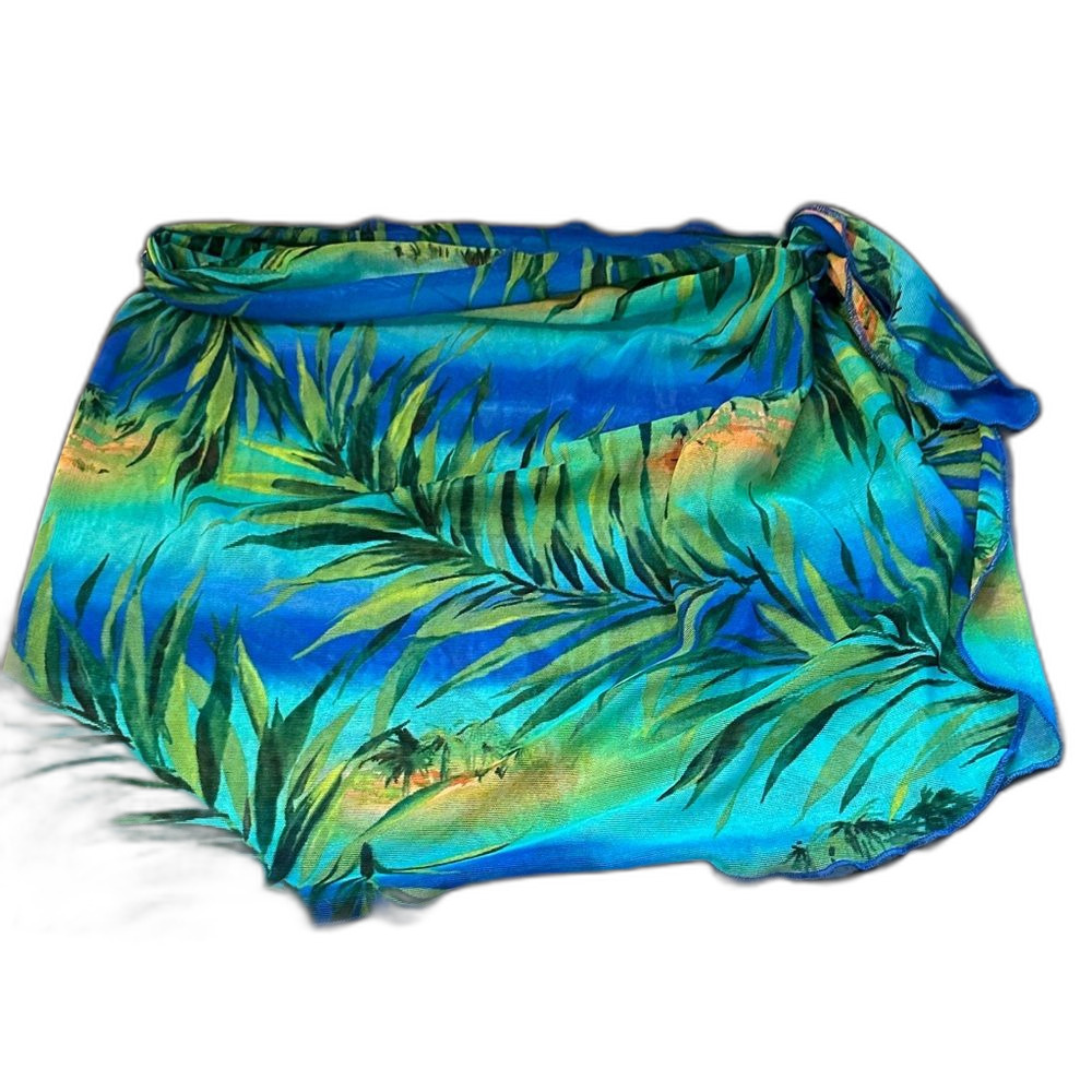 Vibrant Tropical Leaf Sarong Mesh Sheer Vacation Swim Cover-up No size